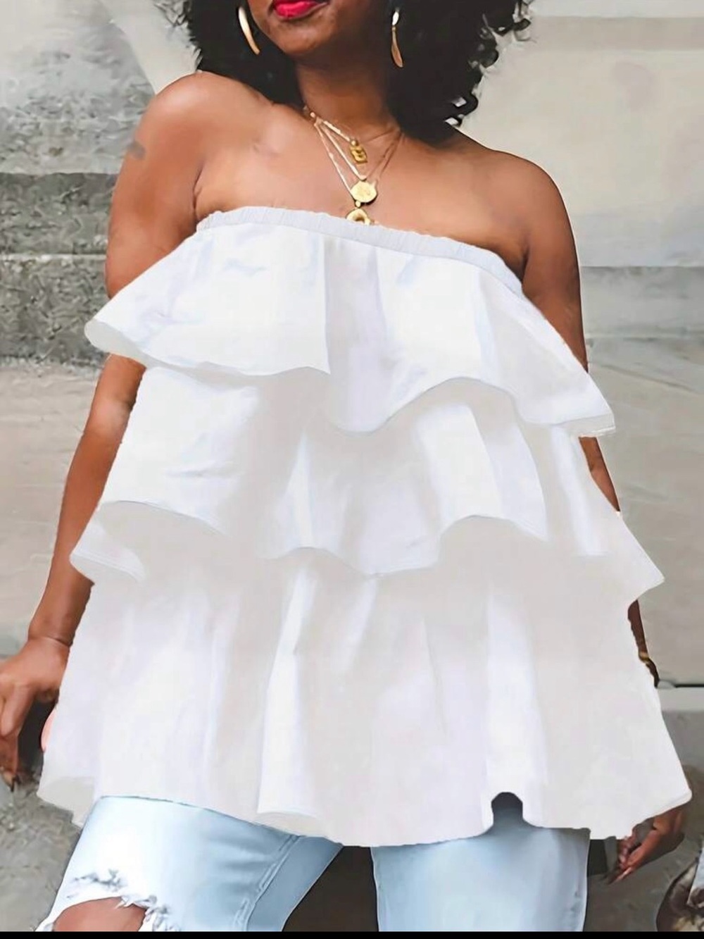Strapless White Ruffle Tiered Summer Top